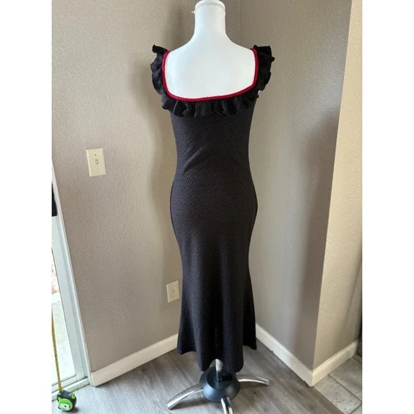 Cider Black Red Ruffle Bow Textured Sweetheart Neck Midi Dress Size M - Picture 3 of 8